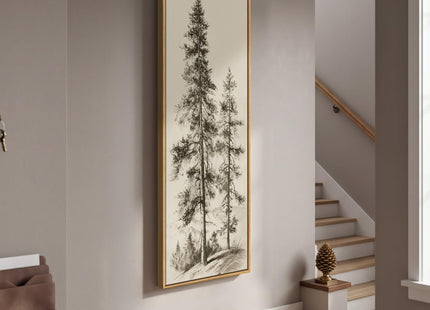 Framed Long Narrow Vintage Pine Tree Landscape Vertical Wall Art, 18x56 In