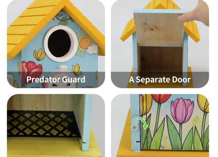 Wooden Bird Houses Bird House for Outside Yellow Wood Bird House for Outdoors,Handmade Painted Tulips Bird Houses for Garden Blue Bird Hummingbird Wren Cardinal Swallow Sparrow Finch Chickadee