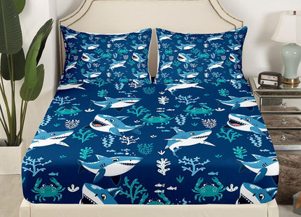 Cartoon Shark Fitted Sheet Twin for Kids Boys Girls, Ocean Blue Nautical Sea Animals Bed Set