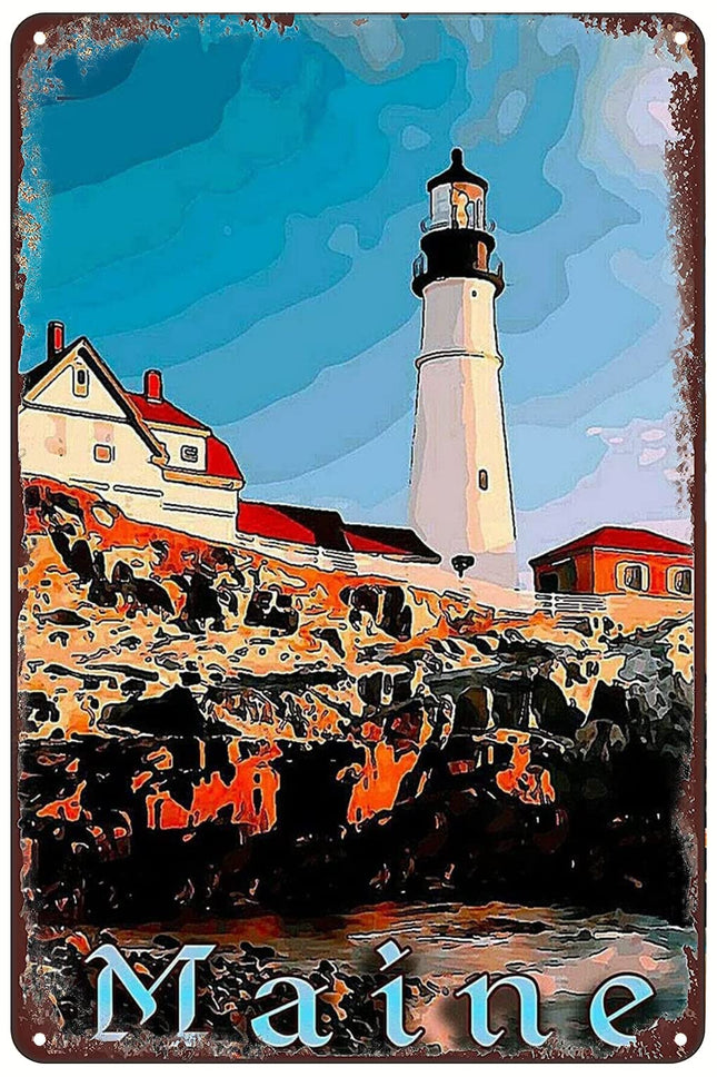 Retro Metal Tin Sign - Maine Lighthouse United States Vintage Travel Ad Poster - Wall Art Poster Plaque Decor for Home Bar Pub Cafe Hotel 8x12Inch