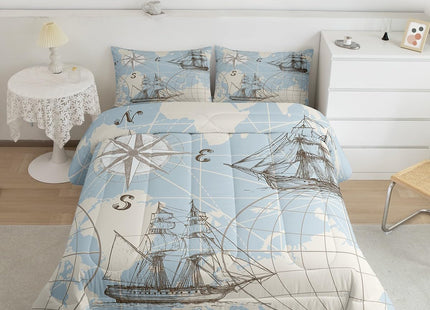 Erosebridal Nautical Comforter Set King, Vinatge Sailboat Bedding Set Room Decor, White Blue World Map Sketch Down Comforter, Retro Anchor Compass Quilt Set, Yacht Ship Bedding Comforter Sets, 3Pcs
