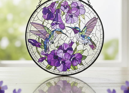 Hummingbird Stained Glass Suncatcher,7.8 inch Hummingbird with Ipomoea Flowers Suncatchers for Window Hanging Bird Suncatcher for Garden Home Decor Hummingbird Gifts for Women Mom Bird Lovers