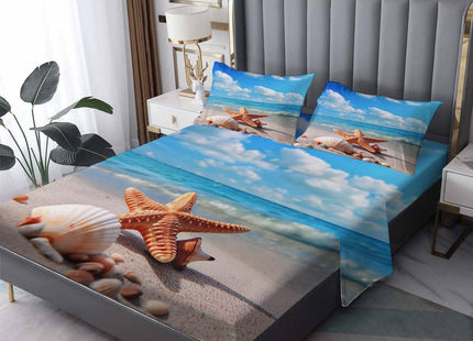 zcsm Queen Sheet Set - Beach Theme Bed Sheets, Starfish and Seashell Bedding Sheets & Pillowcases, Soft Microfiber & Deep Pocket & Wrinkle Free Sheet Set, 1 Fitted Sheet, 1 Flat Sheet, 2 Pillow Cases
