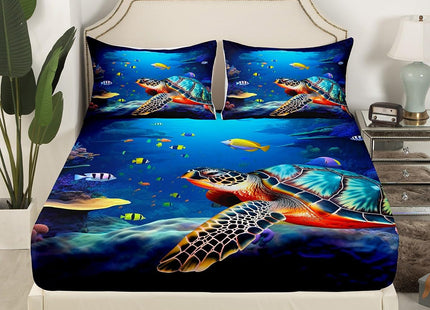 Coastal Beach Theme Kids Printed Sheet Set Twin Deep Pocket,Sea Turtle Sheets & Pillowcase Sets,3 Piece Ultra Soft Fish Summer Cool Microfiber Bed Sheets+Reptile Flat Sheet+ Ocean Fitted Sheet