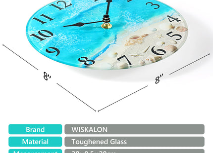 Coastal Beach Wall Clock 8in Blue Seashell Battery Silent Bathroom Decor