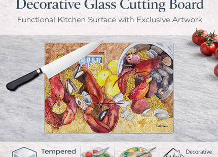 Caroline's Treasures 8719LCB Lobster with Old Bay Glass Cutting Board Large Decorative Tempered Glass Kitchen Cutting and Serving Board Large Size Chopping Board
