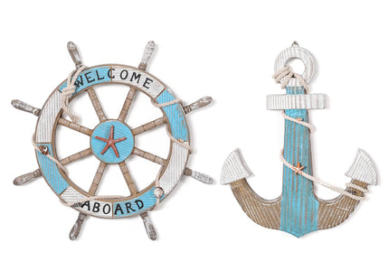 Asense Set of 2-17.4" Nautical Beach Wooden Ship Steering Wheel and 15.1" Wood Anchor with Rope, Boat Steering Rudder Wall Decor Door Hanging Ornament Beach Theme Home Decoration, Blue & White