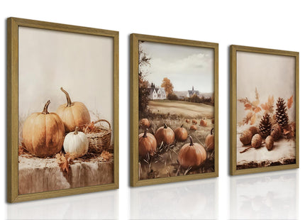 3-piece Framed Autumn Pumpkin Canvas Wall Art, Rustic Farmhouse Fall Harvest Pumpkin Pinecone Acorn Print Picture, Thanksgiving Country Landscape Wall Decor for Living Room Kitchen Bedroom 12x16 inch