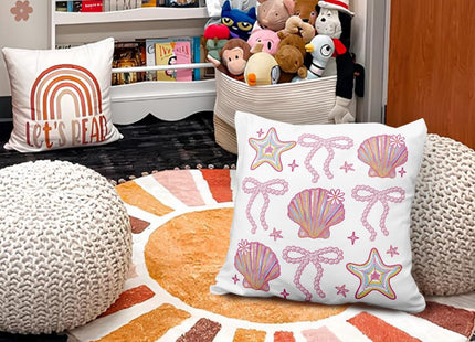 ETVISO Preppy Beach Room Decor, Coastal Glitter Seashell Bow Pillow Cover 18x18, Trendy Coquette Pearl Bow Seashells Decorative Throw Pillow Case for Girls Bedroom Home Drom Apartment