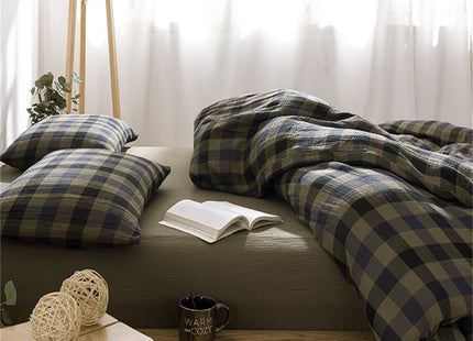 MKXI Queen Triple Gauze Duvet Cover Set 3-Piece Deep Green Blue Plaid Bedding, Rustic Lodge Cabin Linen-Like Breathable Cotton Comforter Cover with Zipper