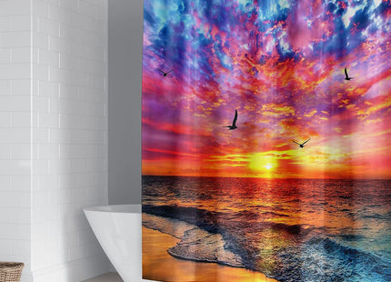DDS-DUDES Beach Shower Curtain Bathroom Sets with Shower Curtain and Rugs Sunset Seagull Ocean Sunrise Sand Summer Holiday Seashore Waterproof Polyester Decor with Hooks 71x71 inch