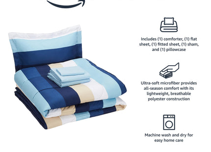 Amazon Basics 5-Piece Lightweight Microfiber Comforter Bedding Set with Sheet, Twin XL, Blue Stripe, Bed-in-a-Bag