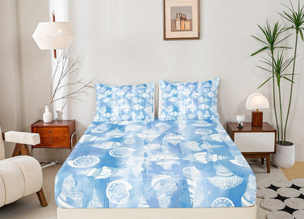 Coastal Ocean Fitted Sheet Queen Size,Boho Pattern Seashell Conch Bedding Set 3Pcs,Navy Blue Tie Dye Bed Sheet for Kids Girls Boys Adult Room Decor,Sea Beach Deep Pocket Sheet,2 Pillowcases