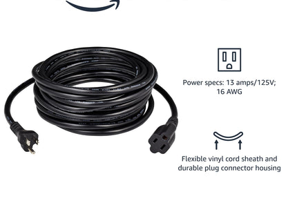 Amazon Basics 3-Prong Extension Cord for Indoor Use, 13 Amps, 125V, 16 AWG, 20 Foot, Black, 2-Pack