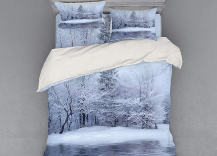 Ambesonne Christmas Duvet Cover Set, Frozen Lake in Winter Blizzard Forest Water Cold ICY Pure Rural Nature Scenery View, 4 Piece Bedding Set with Shams and Fitted Sheet, Queen Size, White