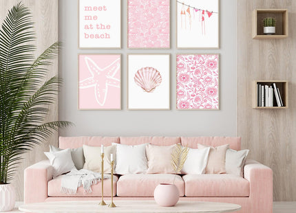 Pink Beach Wall Art Preppy Coastal Canvas Wall Decor Summer Aesthetic Pictures Girl Beachy Granddaughter Posters Ocean Shell Starfish Art Prints for Girl Room Bedroom 8x10 Inch Unframed Set of 6
