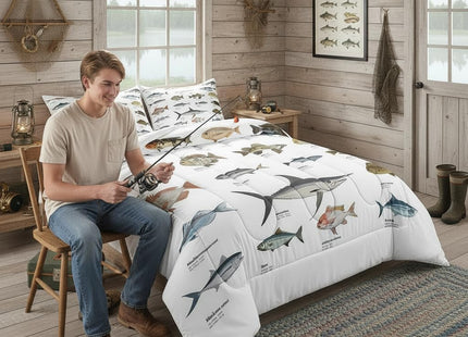Erosebridal Bass Fish Twin Comforter Set for Boys Girls Farmhouse Fishing and Hunting Theme Bedding Set, Big Pike Fish Pattern Duvet Insert Fishing Lures Hook Quilt Bed Set Rustic Bedroom Decor
