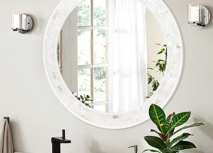 24 Inch Round Bathroom Mirror, Coastal Shell Framed Wall Decor