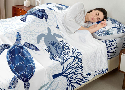 Turtle Sheet Set Twin,White Blue Sea Turtle Bedding Set for Kids Boys Girls,Reptile Tortoise Fitted Sheet Ocean Beach Theme Top Sheet,Hawaiian Coastal Child 3 Pcs Bed Set,1 Flat Sheet, 1 Pillowcase