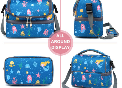 FlowFly Double Decker Cooler Insulated Lunch Bag Large Tote for Boys, Girls, Men, Women, With Adjustable Strap (Blue-Mermaid)