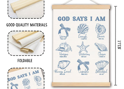 DNEULYR Retro Blue Bow Seashell Christian Wall Art Poster, Bible Verse Wall Decor, God Says I am Coastal Beach Religious Scripture Poster Hanger Frame for Girls Room Dorm Home Office, 12x16 Inches