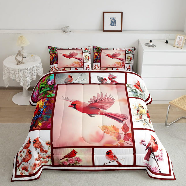 Erosebridal Red Cardinal Bedding Set Cardinals Birds Comforter Set for Kids Child,Green Pine Tree Branches Duvet Insert Cute Bird Animal Bed Quilt Patchwork Style Cardinal Decor for Bedroom Twin Size
