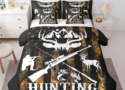7 Piece Hunting Theme Bed in a Bag American Flag Sheet Set Wild Animal Deer Big Pike Fish Print Bedding Set with Comforter Rustic Farmstyle Fitted Sheet Usa Flag Decor Cushion Covers Full Size