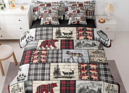 Erosebridal Rustic Cabin King Comforter Set 7 Piece Red Black Farmhouse Buffalo Plaid Bedding Sets Hunting Wolf Bear Deer Bed in A Bag with Sheets Country Wildlife Animal Theme Bed Sets Lodge Decor