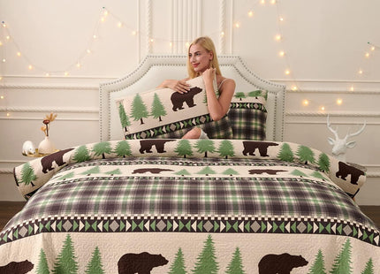 Quilt Set Queen Size Rustic Lodge Plaid Quilt Bed Spread Country Cabin Brown Bear Bedding Lightweight Reversible Quilts Home Bedspread Coverlet with 2 Pillow Shams