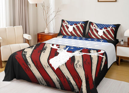 American Flag Retro Sheet Full Size,Deer Antlers Animal Bedding Set,Boys Adults Xmas/Bedroom Decor,Red Blue Stars Striped Rustic Hunting Farmhouse Bed Sheet Set 4pcs(Fitted + Flat + 2 Pillowcases)