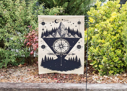 Moslion Compass Garden Flag Vertical Double Sided Nautical Compass with Mountain Night Tree Moon Stars House Flags Home Burlap Banners 12.5x18 Inch for Outdoor Decor Lawn