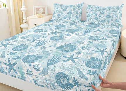 Seashell Conch Starfish Coral Fitted Sheet Queen Size,Coastal Ocean Beach Bedding Set 3Pcs,Underwater Life Print Bed Sheet Navy Blue Tie Dye Deep Pocket Sheet for Kids Teens Adult Bedroom Decor
