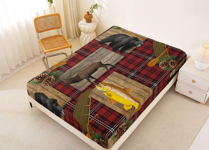 Bear Deer Moose Sheet Set Full Black Red Buffalo Plaid Fishing And Hunting Bed Sheets Wild Animal Lake House Bedding Set Rustic Farmhosue Fitted Sheet Country Cabin Lodge Flat Sheet + 2 Pillow Cases