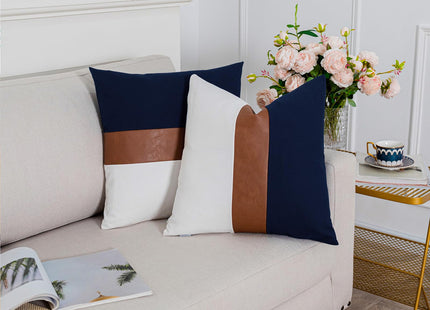 Vfuty 2 Pack 18x18 Inch Throw Pillow Covers, Brown Faux Leather & Navy Blue White Cotton Canvas, Double-Sided Decorative Pillow Case for Sofa Couch Coastal & Nautical Decor