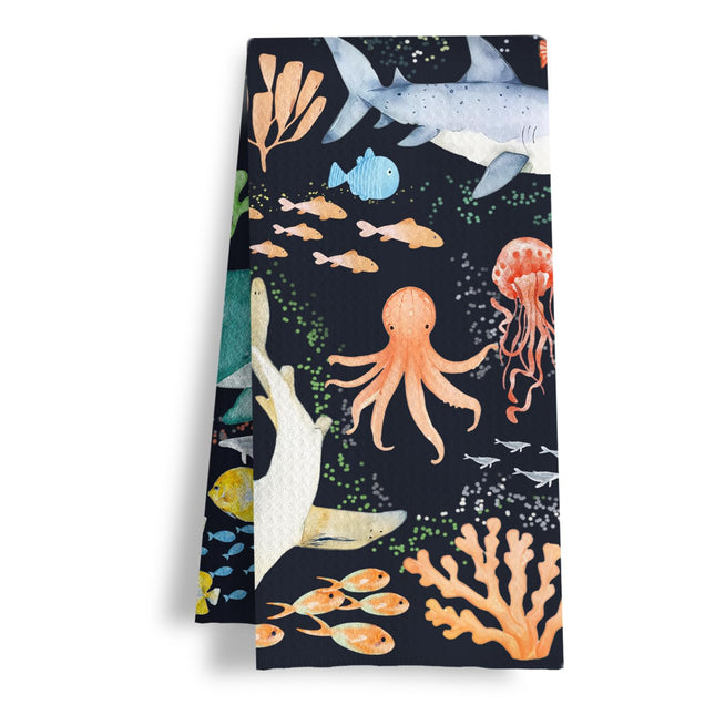 HSIASHENG Beach Coastal Kitchen Towels, Under The Sea Bathroom Decor, Nautical Dish Tea Towels, Sea Life Marine Biology Decorative Hand Towel for Bathroom Kitchen, 16x24 Inch