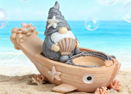 FURUBETA Coastal Garden Gnome Statue on Boat with Tealight Holder, Resin Nautical Spring Figurine for Indoor Outdoor Patio Yard Lawn, Cute Home Decor & Housewarming Gift for Women