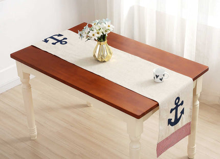 DECOPOW Embroidered Anchor Linen Table Runner ,14 Inches x 72 Inches (Red Stripe)