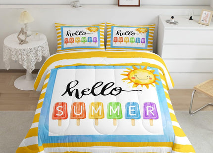 Erosebridal Kids Summer Beach Comforter Set Twin, Yellow Stripes Bedding Set for Girls Boys Teens Women Men Bedroom, Summer Funny Geometric Comforter, Sun Colorful Ice Cream Popsicle Quilt