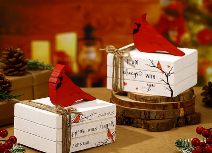 Soaoo 2 Pcs Christmas Cardinal Decorations Red Cardinal Wooden Book Stack
