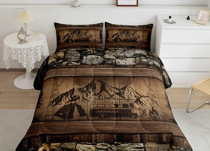 Erosebridal Rustic Farmhouse Bedding Sets Happy Camping Comforter Set for Camper Twin,Country Cabin Lodge Camper Bedding Comforter Sets Rv Accessories for Travel Trailers Quilt Set Brown Black