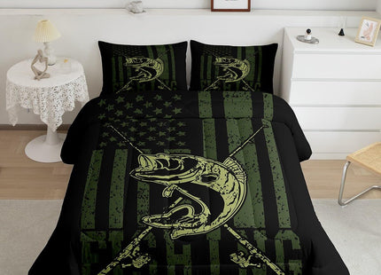 Camo American Flag Comforter Set Trout Hunting Bedding Sets Fishing Rod Camouflage Down Comforter for Kids Boys Men Room Decor Army Military Camo Duvet Sets with 2 Pillow Cases Full Size