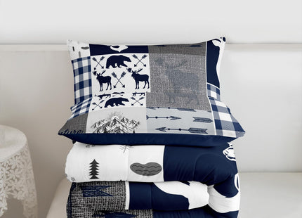 Erosebridal Camping Down Comforter for Kids, Deer Bear Comforter Set Queen Size Rustic Buffalo Plaid Patchwork Bedding Set for Teens Adult Bedroom, Lodge Woodland Wildlife Duvet Sets, Grey Blue