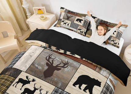 Erosebridal Retro Rustic Cabin Duvet Cover, Bear Deer Elk Moose Bedding Set Twin Size, Rustic Farmhouse Lodge Hunting Wildlife Comforter Cover Mountain Pine Tree Buffalo Bed Set for Kids Teens Adult