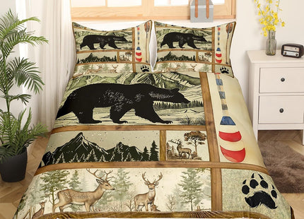 Farmhouse Hunting Bear Duvet Cover Twin, Lake House Decor Comforter Cover, Retro Woodland Lake Paddle Bedding Set, Deer Moose Wildlife Bed Cover, Rustic Buffalo Grid Quilt Cover Cabin Lodege Decor
