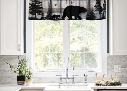 JanJCurt Rustic Bear Valance, Retro Woodland Wild Animals Farmhouse Country Wooden Board Pine Forest Bear Bird Print Rod Pocket Short Window Treatment for Kitchen Bedroom Bathroom, 54x18inch
