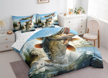 Feelyou Big Pike Fish Comforter Set with Sheets Hunting and Fishing Themed 7 Piece Bedding Set for Kids Boys Girls Underwater Animals Bed in a Bag Soft Bedding Comforters Full Size