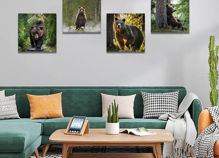 OTOSTAR 4 Pieces Wall Art Canvas Prints - Forest and Bear Picture Painting - Modern Wall Artwork Framed for Gifts Bathroom Home Kitchen Office Decor - 12 x 12 Inch
