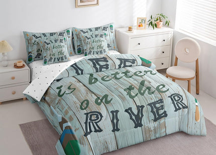 Castle Fairy Lake Life Kids Comforter Set 7 Piece Queen Size,Life is Better On The River Theme Reversible Quilt Set,Paddle Print Rustic Wooden Board Bedding Set with Comforter,Sheet,Pillowcase