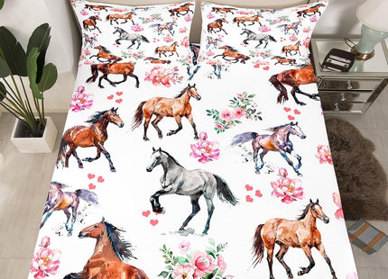 Erosebridal Horse Bed Sheets Set for Girls - Pink Horse Rose Sheet Set Full - Farmhouse Sheets for Cabin Lodge - Western Cowboy Cowgirl Flat Fitted Sheet with 2 Pillowcases Deep Pockets