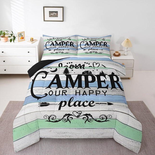 Kids Camping Comforter Set - Full 3 Pieces, Rustic Farmhouse Old Barn Door Bedding Set, Woodland Camper Car Bedding Comforter, Vintage Style Camping Theme Quilted Duvet